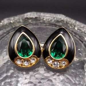 Monet Pear-Shaped Faceted Emerald Glass Black Enamel Triple Gold-Plated Earrings
